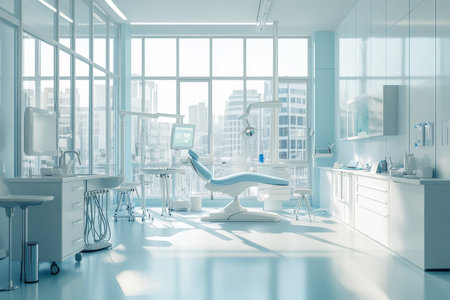 Contemporary dental office featuring white furniture and blue accents with panoramic windowsの写真素材