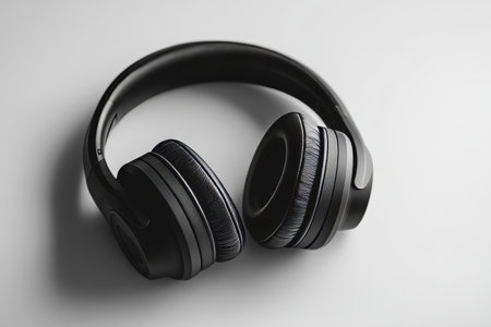 Minimalist close up of black over ear headphones on a white table with studio lightingの写真素材