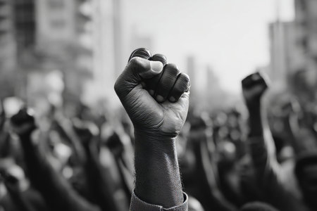 Powerful symbol of unity close up of raised fists at a civil rights march or workers strikeの写真素材