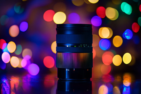 Close up of a lens and focus amidst colorful bokeh lights on a black background, evoking creativityの写真素材