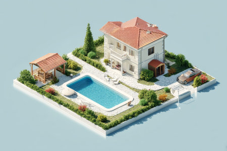 Isometric 3d illustration of a stunning house with swimming pool and lush garden on white background
