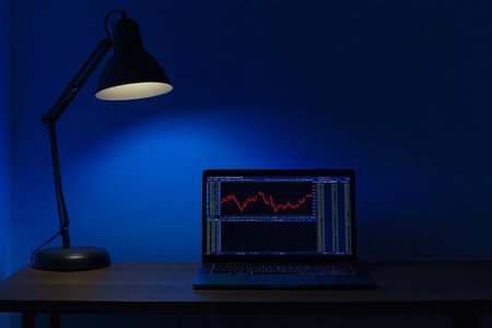 Minimalistic laptop displaying stock market charts under a dim desk lamp in a dark roomの写真素材