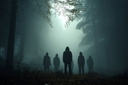 Mysterious hooded figures gather in a foggy forest, evoking a haunting atmosphere of horrorの写真素材