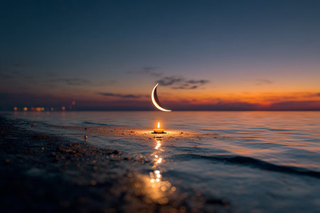 Crescent moon and candle on a tranquil beach at sunset, a peaceful reflection sceneの写真素材