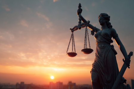 Stunning sunset sculpture of justice goddess with scales and books over cityscape for legal themesの写真素材