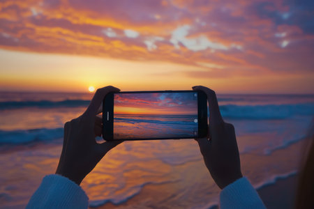 A woman captures a stunning sunset on the beach, vibrant sky and ocean wavesの写真素材