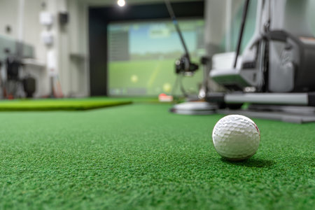 Close up of golf equipment on green mat with virtual game displayed in indoor training centerの写真素材