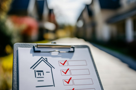 Minimalist stock image featuring a white clipboard checklist with house model and red check marksの写真素材