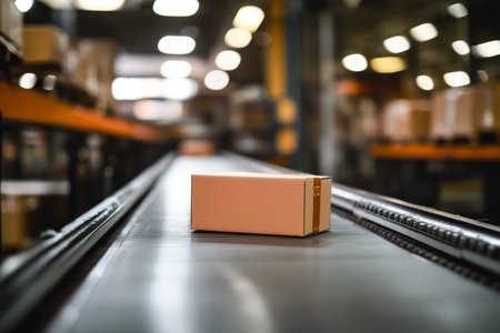 Conveyor belt box in warehouse for packaging online shopping concept with blurred backgroundの写真素材