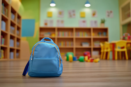 Blue backpack on classroom floor in modern kindergarten surrounded by bookshelves and colorful toysの写真素材
