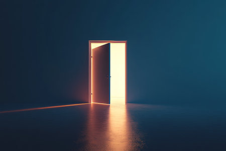 Minimalist 3d rendering of an open door illuminated by soft sunset light in a dark blue backgroundの写真素材