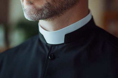 Close up of a priest s black clerical shirt and white collar with blurred background for focus