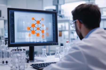 Scientist in lab examining ai generated orange molecule model on screen with blurred foregroundの写真素材