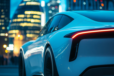 Close up of a white electric luxury sedan with city skyline at blue hour in Londonの写真素材