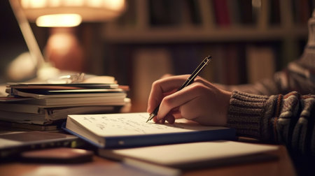 Cozy home office scene  close up of hands writing in a notebook surrounded by books and a laptopの写真素材