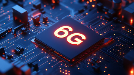Close up of a glowing 6g chip on an electronic circuit board in blue and red tonesの写真素材