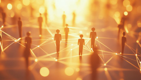 Three dimensional network icons representing global connections and virtual teamwork in soft light