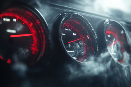 Dynamic speedometer displaying vehicle sizes in red on a motion blur background of racing actionの写真素材