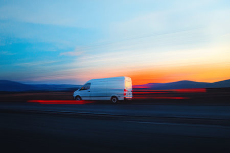 White truck in motion on highway with beautiful blue and orange sky photo realistic captureの写真素材