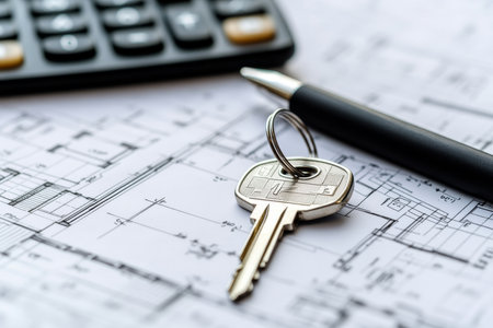 Real estate concept featuring keys, pen, and calculator on architectural house plan in white themeの写真素材