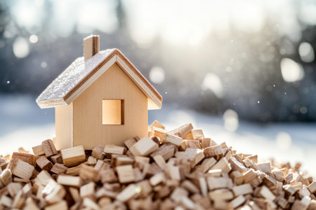 Wooden house model surrounded by geometric wood particles in a winter landscape for energy concepts