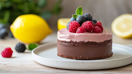 Delicious chocolate cake with pink cream and berries on white wooden table with lemon backgroundの写真素材