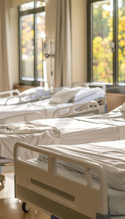 Bright and serene hospital room with empty beds bathed in warm sunlight and natural lightingの写真素材
