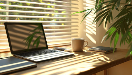 Photorealistic close up of laptop, notebook, and coffee cup on sunny wooden desk with plant shadowsの写真素材