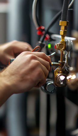 Skilled technician installing modern heating boiler close up of tools and valve adjustmentの写真素材