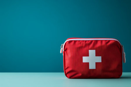 Emergency first aid kit on blue background red medical bag with white cross for healthcare conceptsの写真素材