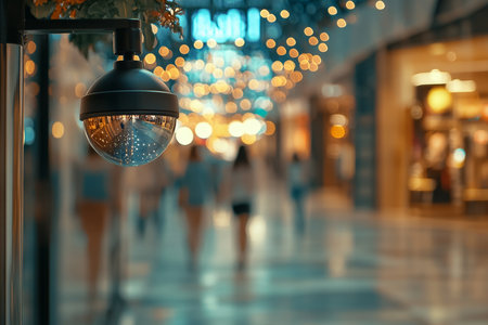 Indoor shopping mall security camera footage of young girls passing by in blurred backgroundの写真素材
