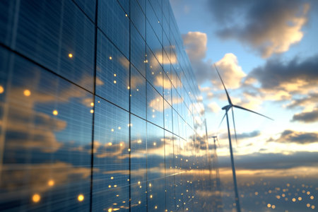 Photorealistic solar panels and wind turbines under a clear blue sky, symbolizing green energy