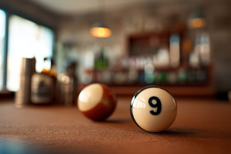 Award winning photo of a billiard ball on a table with a blurred bar background and warm tonesの写真素材