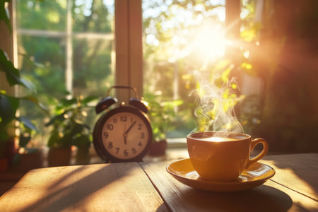 A cozy morning scene a steaming cup of coffee and an alarm clock in soft natural lightの写真素材