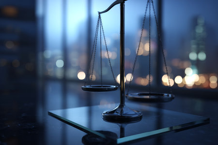 Modern office background featuring justice scales on glass platform with night cityscape backdropの写真素材
