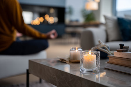 Serene meditation in a cozy living room surrounded by candles and books for inner peaceの写真素材