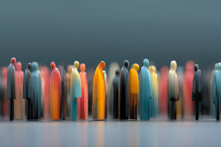 Abstract human figures in various colors and sizes arranged in rows against a blurred backgroundの写真素材