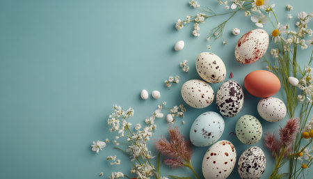 Vibrant easter eggs and spring flowers on a blue background with ample copy space   flat lay view