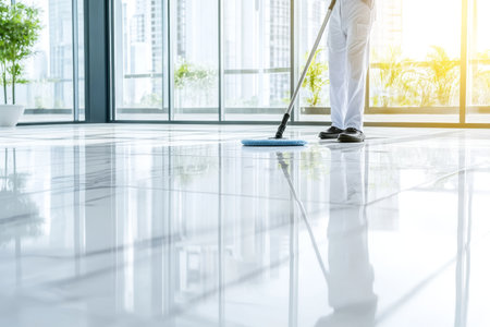 Happy janitor mopping shiny white marble floor in office building   ideal for cleaning service adsの写真素材