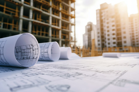 Close up of architectural blueprints and drawings at a construction site for real estate developmentの写真素材