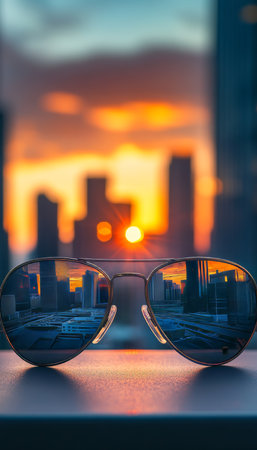 Close up of sunglasses reflecting a vibrant cityscape at sunset on an empty tabletopの写真素材