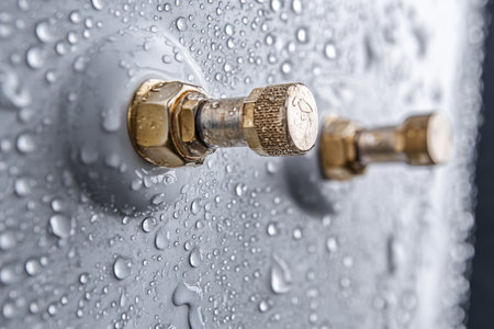 Close up of water droplets and gas pipes featuring brass angle capsの写真素材