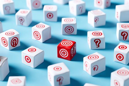 Minimalist apparel design studio image featuring white cubes with red targets and one question mark