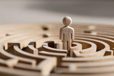 Navigating life s maze a wooden figure in a labyrinth symbolizing choices and successの写真素材