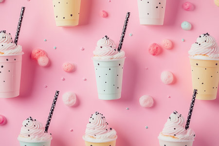 Charming pastel milkshakes with dots and swirls on pink background for future text additionの写真素材
