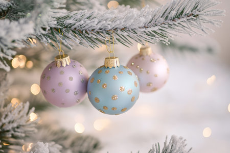 Dreamy pastel christmas ornaments pink, blue, and purple with gold dots on a snowy tree branchの写真素材