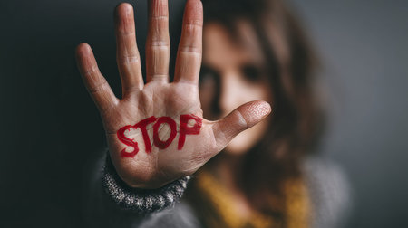 Young woman raises awareness against violence by showing stop on her palm in soft lighting