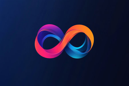 Colorful gradient infinity logo in flat design style on dark blue background for modern aestheticsの写真素材