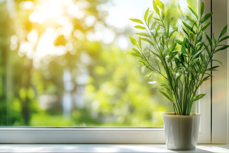 Close up of a modern glass window with sunlight and green plant for construction and design useの写真素材