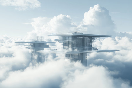 Futuristic cityscape with floating islands and steel structures beneath white clouds and blue skyの写真素材
